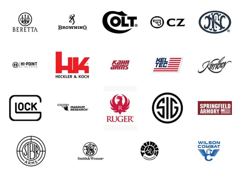 Compatible pistol brands including Glock, Smith & Wesson, and more