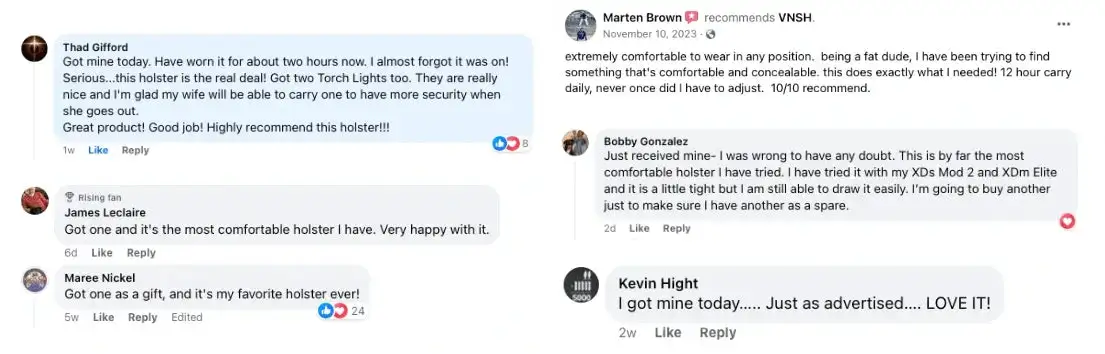 Customer testimonials and reviews for VNSH holsters