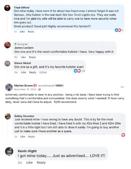 Customer testimonials and reviews for VNSH holsters